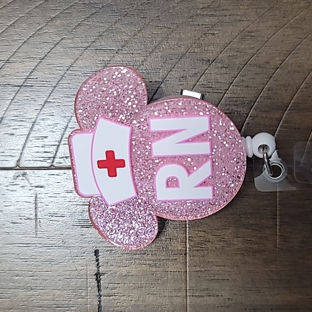 RN Mouse ears pink badge reel